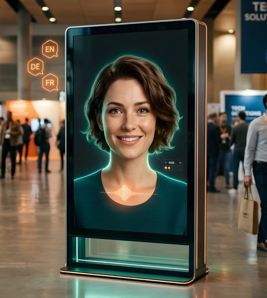 divara als lebensgroßer 3D-Avatar auf einer Info-Stele in einer Messehalle